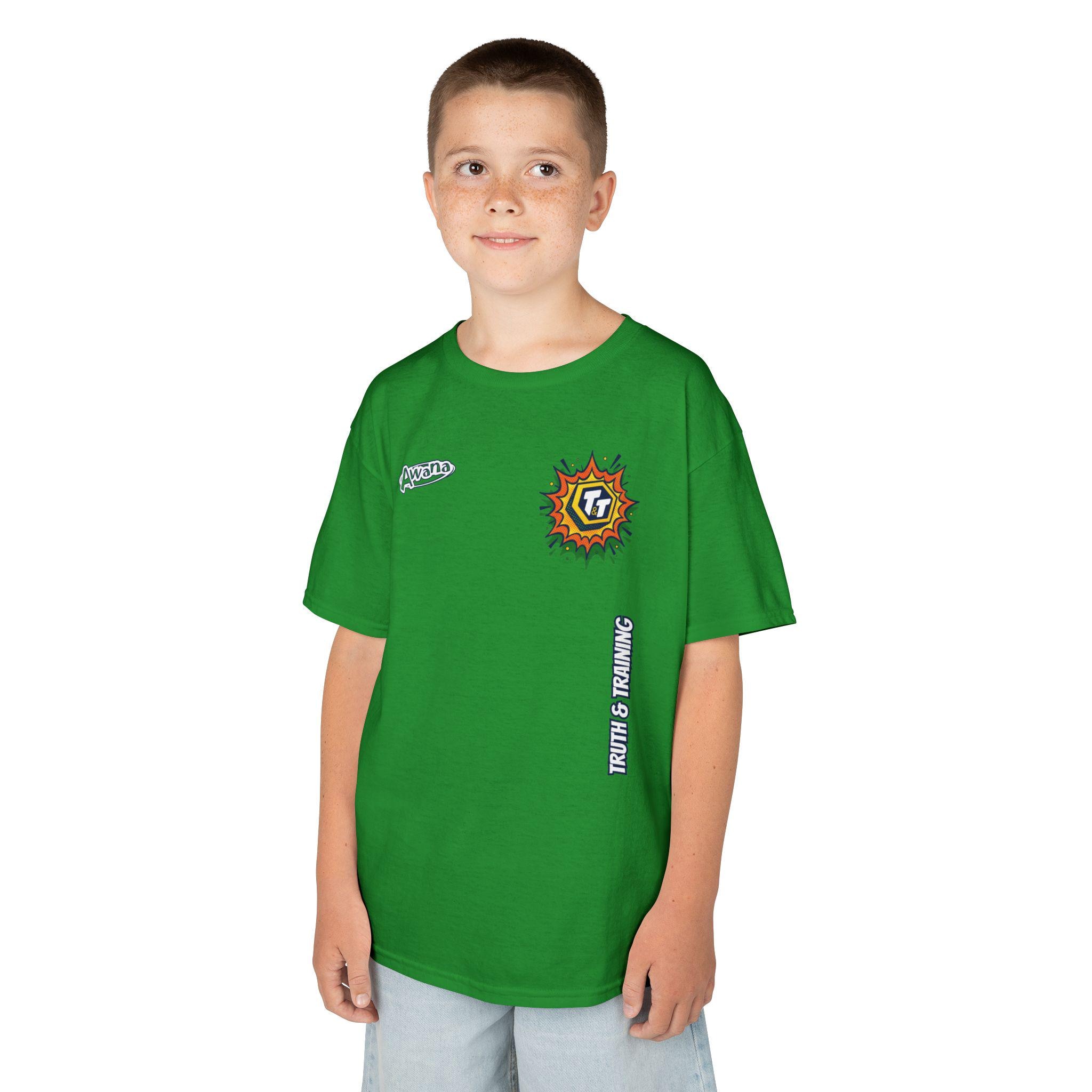 Truth & Training graphic Kids Tee | small logo chest, vertical side print - Image 1