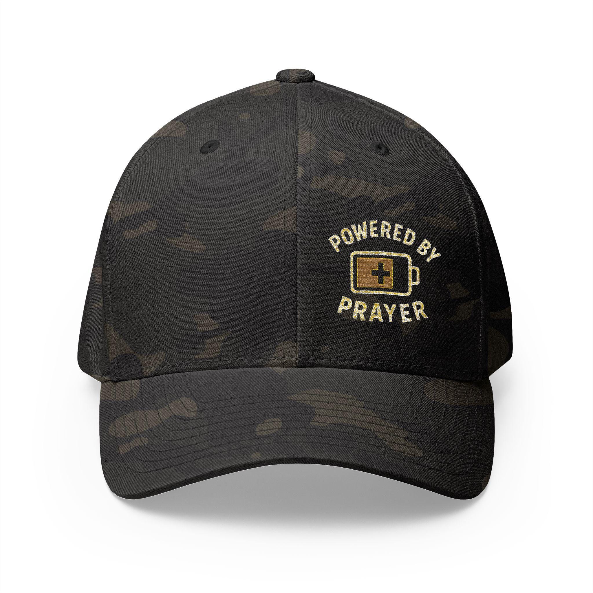 Powered by Prayer Christian Cross Embroidered Cap, Faith Baseball Hat, Religious Flexfit Headwear - Image 1