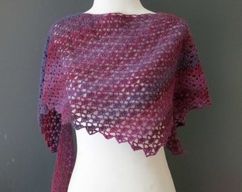 Shawlette, purple, magenta and blue colours, hand crocheted