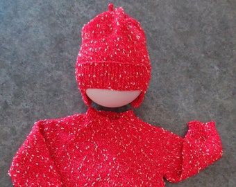 Pullover and hat set, size 6-12 months, hand knit, red