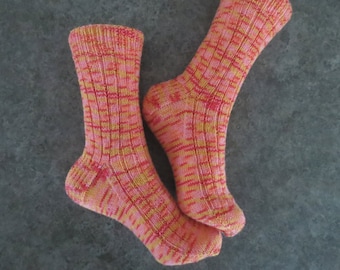 Ribbed socks, hand knit, wool, pink, orange, yellow