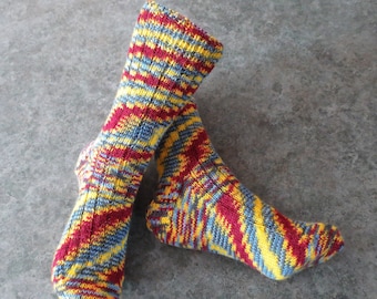 Ribbed socks, hand knit, wool, bright colours