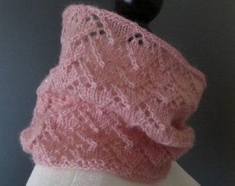 Cowl, hearts with sequins, hand knit, pink