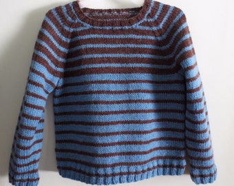 Child's striped pullover, size 4, hand knit, blue, brown