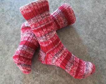 Ribbed socks, hand knit, wool, red stripes
