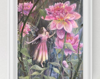 Pink Fairy Original Oil Painting Print by Noelle Perry~Fantasy Artwork~Girly Painting~Pink Painting~Delilah Flower~Garden Painting~PrettyArt