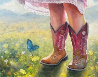 Little Rancher ORIGINAL OIL PAINTING by Noelle Perry 2026- Adorable Little Girl In Pink Boots and skirt with Blue Butterfly on a Ranch