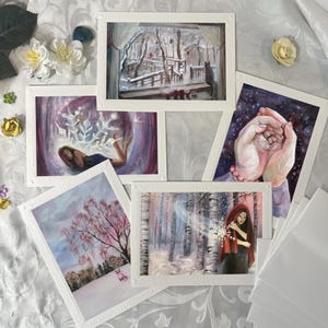 Cartes de voeux d'hiver ~ Cartes de voeux vierges de Noël ~ Fée flocon de neige ~ Chat noir ~ Renard des neiges rose
