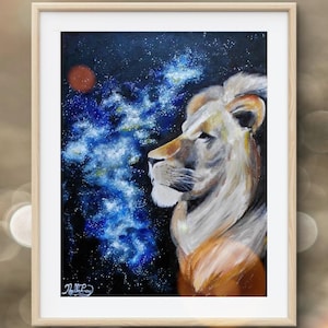 Leão de Judá com vista para a galáxia Impressão de pintura acrílica de Noelle Perry