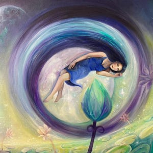 IMPRESSION de l'huile originale de femme par des fleurs de nénuphar au repos sarcelle/bleu des cycles de la lune ~ intitulé « Reddition »