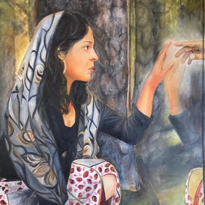 PRINT Seeing Through A Glass Dimly Woman Touching Jesus' Hand Through Glass In Forest WIth Patterned Clothes OIL PAINTING  by Nolle Perry