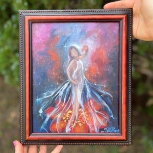 ORIGINAL OIL Woman/Fairy Coming From Orange Daisy In The Cosmos With long Dress Small Painting By Noelle Perry