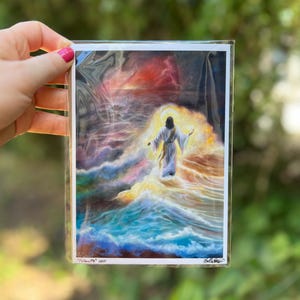 PINTURA A ÓLEO JESUS Caminhando sobre as Águas Cartões e Estampas Cristãs Proféticas de Noelle Perry ~ Cores Intensas e Lindas ~ Representação em Estilo Fantasia