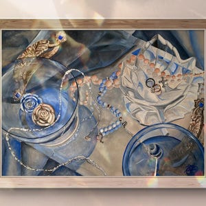 Huwelijksstilleven van Noelle Perry getiteld "Beloved" ~ Gemaakt tijdens de kunstacademie ~ Mooi sieradenschilderij met glas en spiegels