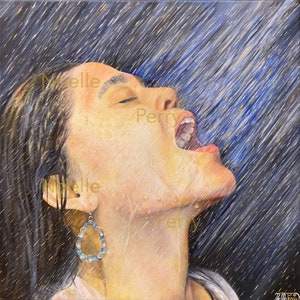 May include: A painting of a woman with long dark hair, her mouth open in a scream, with water droplets on her face and neck. The background is a dark blue with gold streaks.