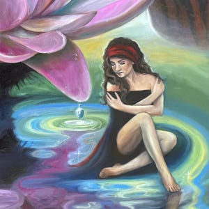 Pintura a óleo de fada lírio d'água com lágrima ~ Auto-abraço ~ Cabelo cacheado morena ~ Reflexões ~ Almofadas de lírio ~ IMPRESSÕES ~ Cartão de felicitações ~ Colar com pingente