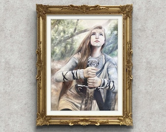 May include: A woman in a forest setting, wearing a long, flowing grey and white tunic, holds a sword with a silver hilt. She looks up with a determined expression, her long blonde hair cascading down her back.