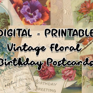 20 digitale Vintage Floral Geburtstag Postkarten druckbare Ephemera für Junk-Zeitschriften, Journal-Karten, Scrapbooking, Collage, Blumen, Grüße