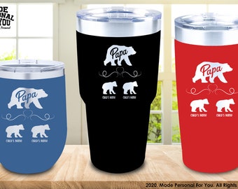 Papa Bear Laser Engraved Stainless Steel Tumbler. 12/20/30oz Sizes. Perfect gift for any Dad