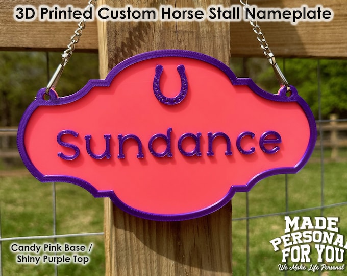 Featured listing image: 3D Printed Horse Stall Name Plate. Personalized. Over 30 Colors . Vintage Design. Hanging Style