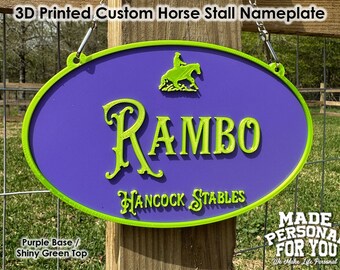 3D Printed Horse Stall Name Plate. Personalized. Over 30 Colors . Oval Design. Hanging Style. Perfect For Horse Shows