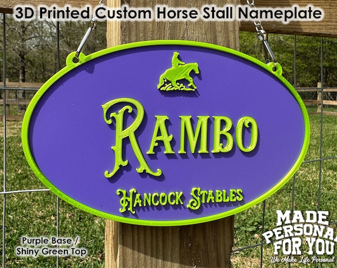 Featured listing image: 3D Printed Horse Stall Name Plate. Personalized. Over 30 Colors . Oval Design. Hanging Style. Perfect For Horse Shows