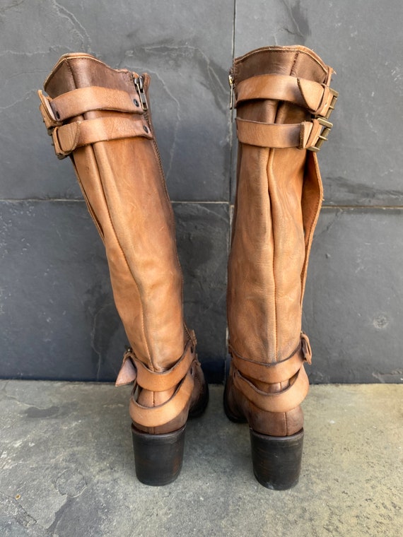 Freebird Clive Women 6 Brown Leather Distressed Tall Boots Side Zip Snap Buckle Etsy