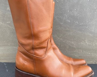 Frye Vintage Brown Leather Cowgirl Block Heel Pull On Zip Boots Women’s 7.5