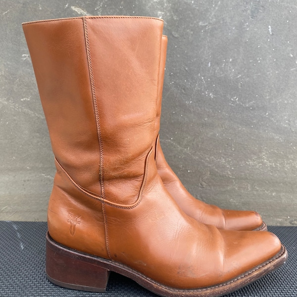 Frye Vintage Brown Leather Cowgirl Block Heel Pull On Zip Boots Women’s 7.5