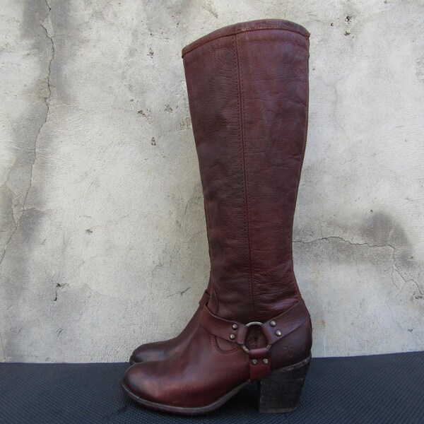 Frye Harness Brown Pull On Moto Tall Heeled Boots Women’s 8 B Shoes