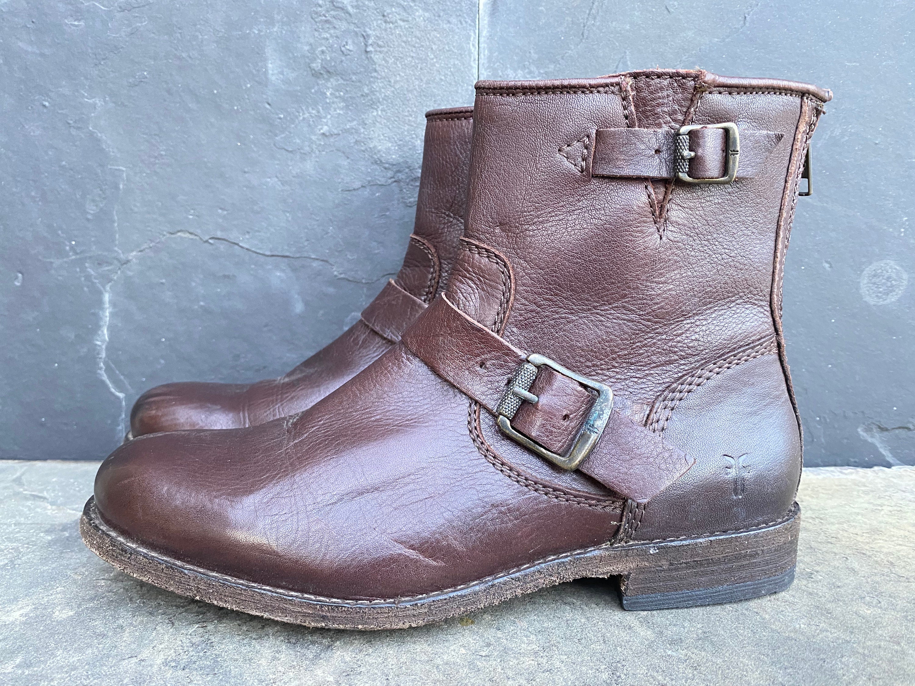 Frye Womens Short Zip Boots Brown Leather Natalie Buckle Biker Sz 8.5 B Etsy