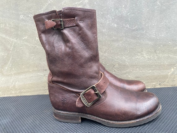 FRYE Veronica Short Brown Leather Boots Double Buckle Moto Biker Women s 6.5 B Etsy