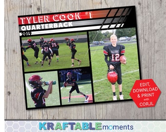 Op de afbeelding: Een collage van foto's van een jonge jongen die American football speelt. De foto's zijn gerangschikt in een raster met een rode en zwarte achtergrond. De tekst "TYLER COOK #1 QUARTERBACK 2019" staat bovenaan de collage. De tekst "EDIT, DOWNLOAD & PRINT with CORJL" staat rechtsonder in de collage.