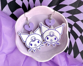 Kawaii Romi Bunny Jester White Rabbit Purple Heart Skull Acrylic Earrings