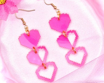 Pixel Heart Life Meter Earrings Transparent Pink