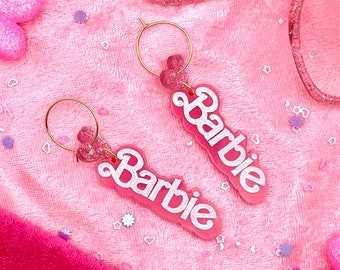 Barb Girl Plastic Doll Acrylic Earrings With Holo Glitter Heart