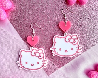 Kawaii Kitty Pink Heart Cat Acrylic Earrings