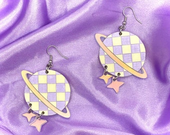 Pastel Checkered Planets Earthbound Magicant Acrylic Earrings