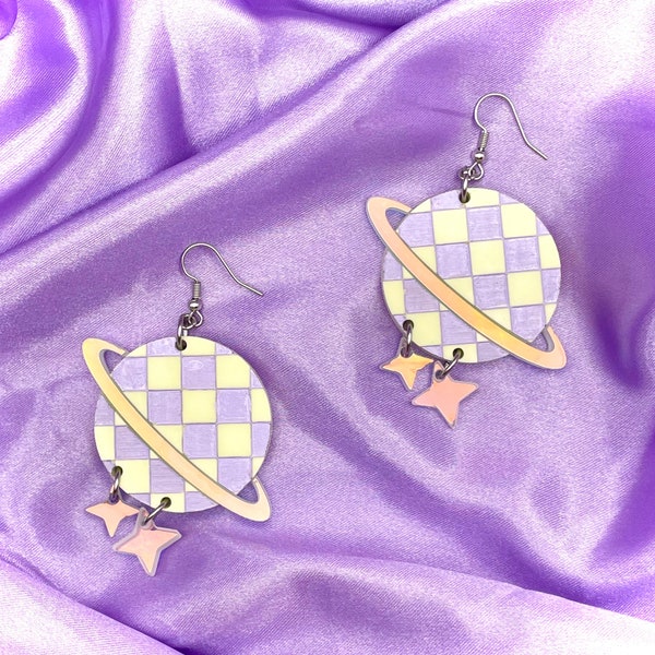 Pastel Checkered Planets Earthbound Magicant Acrylic Earrings