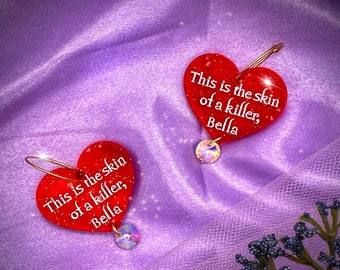 Skin of a Killer Red Glitter Transparent Heart Acrylic Gold Hoop Earrings