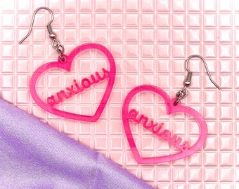 Anxious/B*tch Transparent Pink Heart Acrylic Earrings