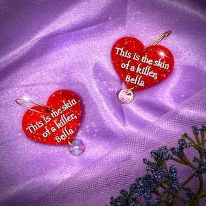 Skin of a Killer Red Glitter Transparent Heart Acrylic Gold Hoop Earrings