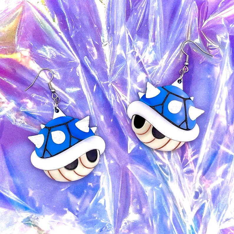 Mario Kart Blue Shell Item Acrylic Earrings image 1