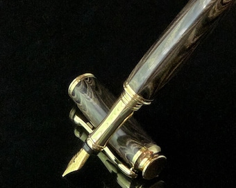 German Ebonite Fountain Pen, Black & White Swirl, Hand Turned, Gold Trim, Daily Journaling Instrument