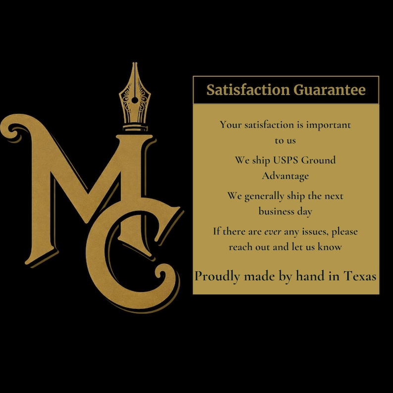 Graphic describing the satisfaction guarantee and shipping policies from our Texas based store.