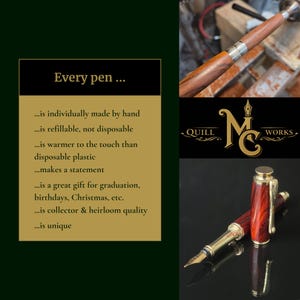 Infographic describing handcrafted fountain pen benefits including individually made construction, refillable design, heirloom quality, and gift suitability, alongside photos of wood pen on lathe and finished fountain pen