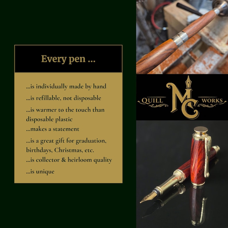 Infographic describing handcrafted fountain pen benefits including individually made construction, refillable design, heirloom quality, and gift suitability, alongside photos of wood pen on lathe and finished fountain pen