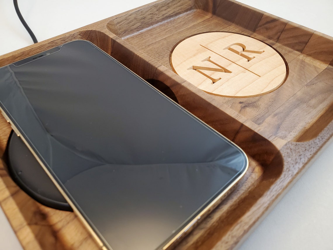 Custom Wireless Phone Charging Tray Walnut with Maple Inlay Etsy