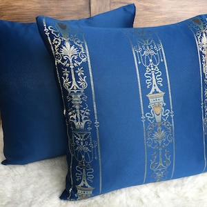 Jacquard ornaments baroque blue/beige/yellow gold decorative pillow cover, reversible pillow - classy and elegant, high quality designer fabric, cover pillow
