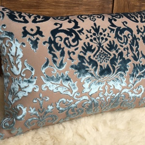 Velvet Jacquard medium blue/beige - noble and elegant, decorative cushion cover, historical ornaments, , luxury Cover pillow